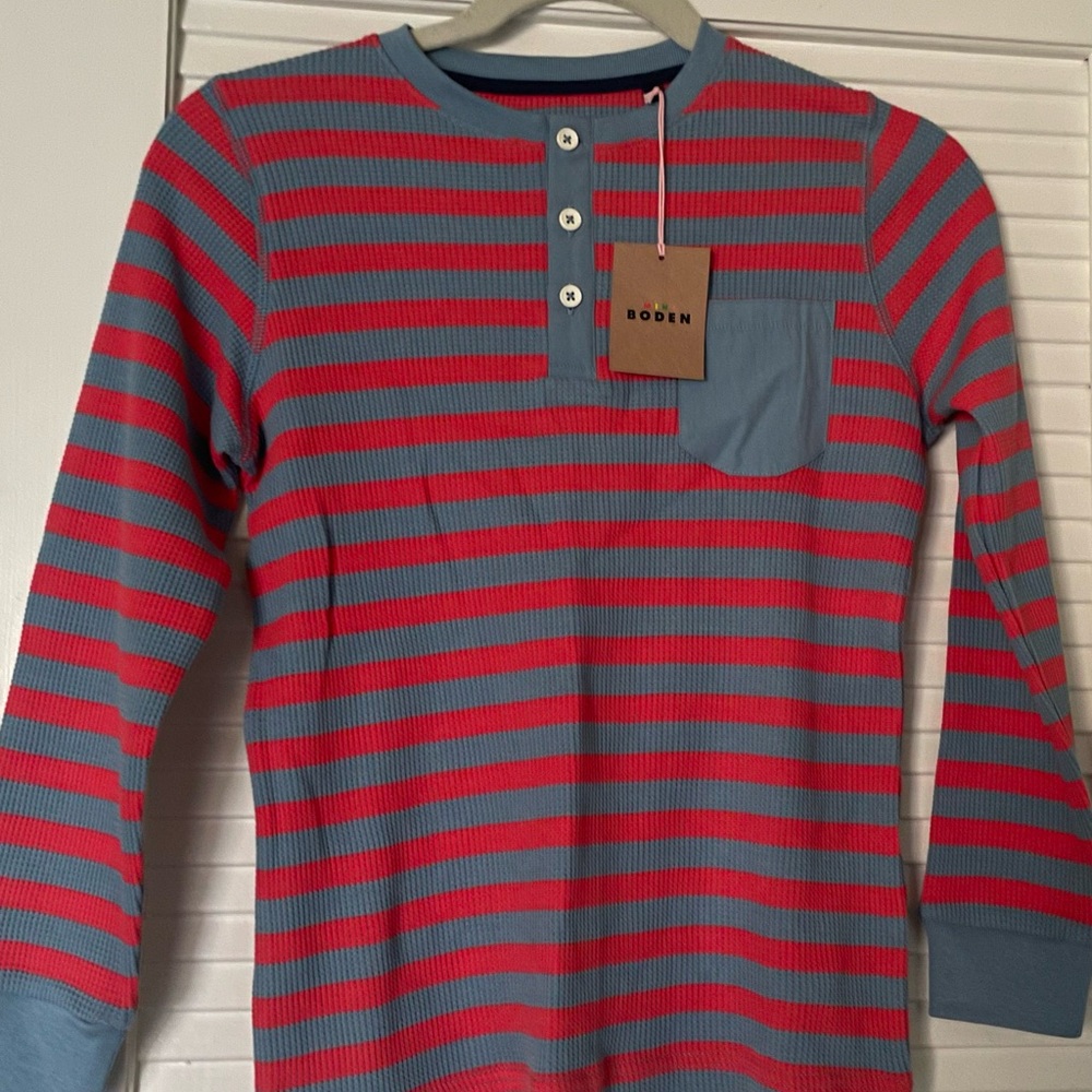 Mini Boden Long Sleeve Red and Blue Striped Waffle Henley (9-10Y)